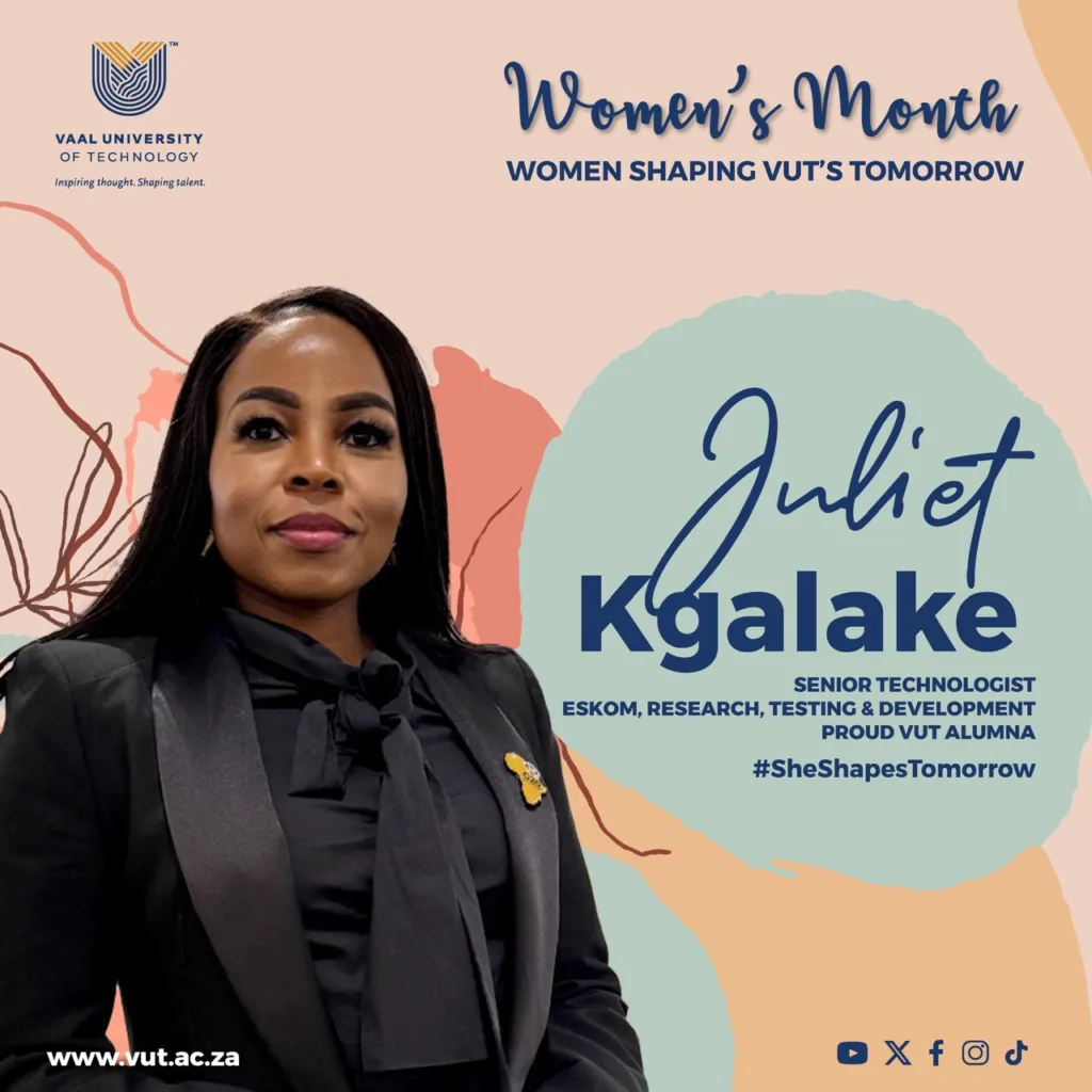 VUT alumna Juliet Kgalake, Senior Technologist at Eskom, drives energy innovation while championing gender equality and inspiring young women in STEM.