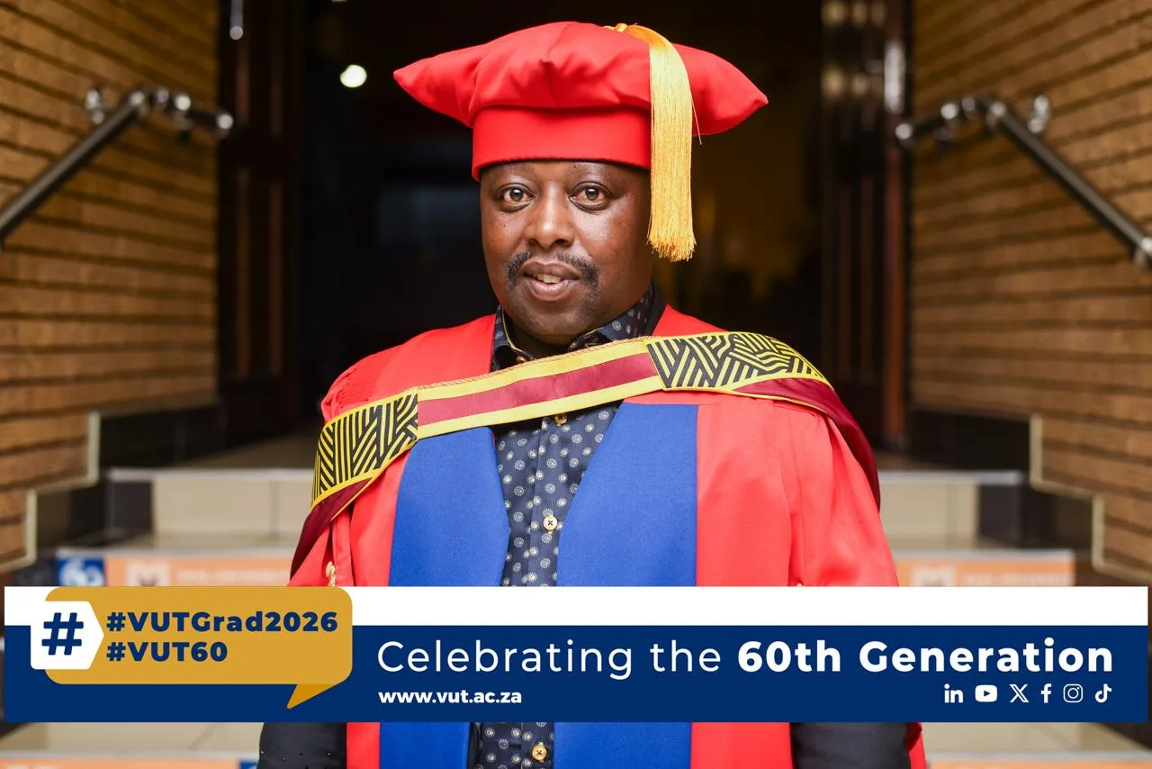 "Dr Elias Khotha graduated with a PhD in Chemistry at VUT, reflecting on perseverance, family support, and research that contributes to scientific development