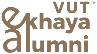 Logo featuring stacked brown text: 'VUT' top right, 'ghaya' in the middle, and 'alumni' at the bottom.