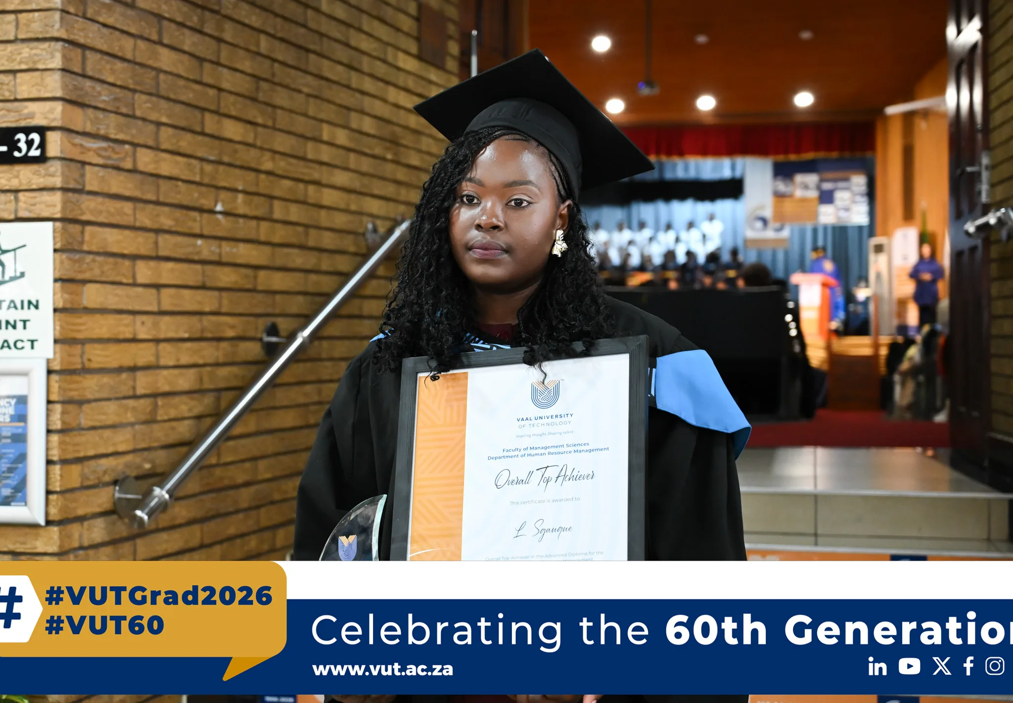 Mother and entrepreneur Ms Lungile Sgauque was recognised among the top two highest-performing graduates at the VUT 60th graduation ceremony, reflecting academic excellence and resilience.
