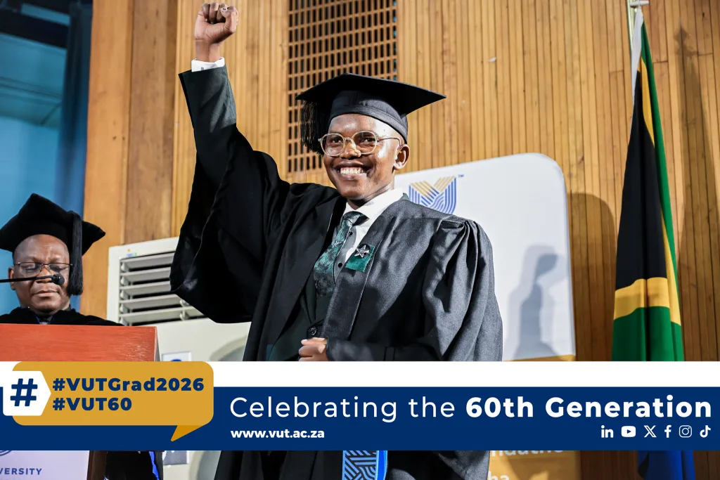 Mr Mohau Mautla – Vaal University of Technology SRC Secretary General Mr Mohau Mautla graduates with a Diploma in Logistics Management at VUT, balancing leadership and academic excellence during the University’s 60th milestone season
