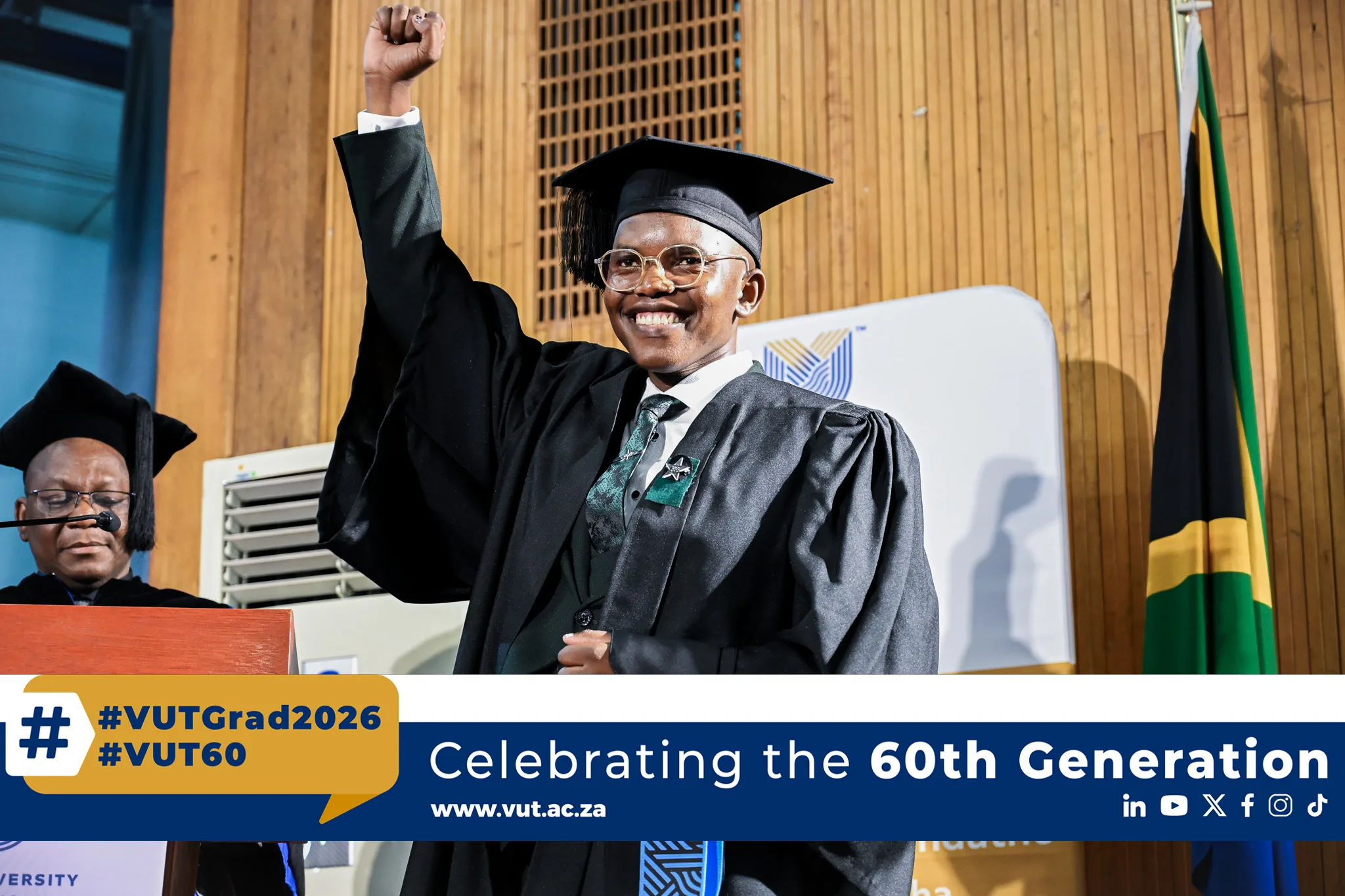 Mr Mohau Mautla – Vaal University of Technology SRC Secretary General Mr Mohau Mautla graduates with a Diploma in Logistics Management at VUT, balancing leadership and academic excellence during the University’s 60th milestone season
