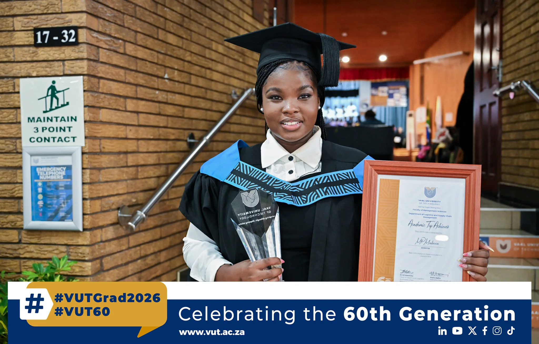 Ms Mia Mabena – Vaal University of Technology From Middelburg to distinction, Ms Mia Mabena earned cum laude honours at VUT, reflecting the university’s 60-year legacy of excellence and ambition.