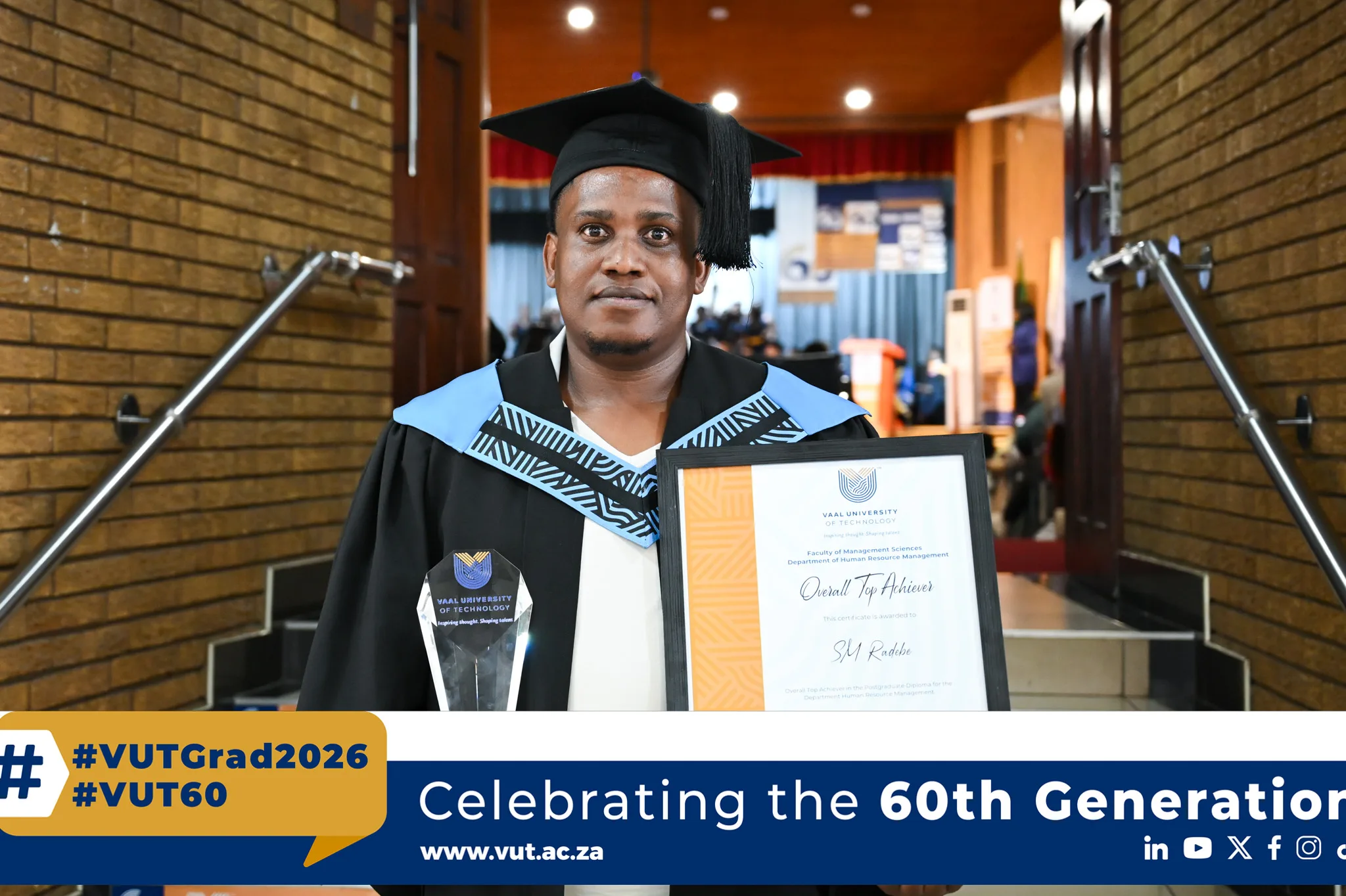 Mr Shadrack Mehlwana Radebe graduated cum laude as a top achiever in management studies at the Vaal University of Technology (VUT) while balancing work and further studies.