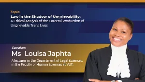 Slide banner with topic 'Law in the Shadow of Ungreliability' and speaker Ms Louisa Japtha; photo of a smiling woman in a dark blazer.