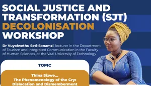 Banner advertising a Decolonisation Workshop on Social Justice and Transformation (SJT), featuring a woman in a blue top with a yellow headwrap on the right, with event title and topic text visible.