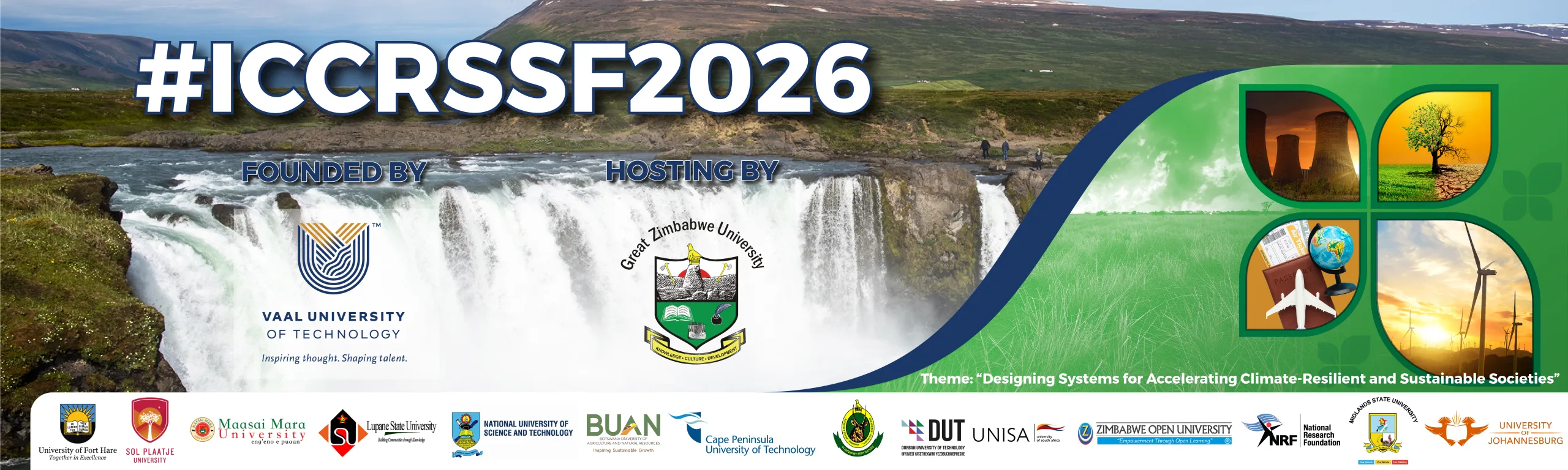 Banner for ICCRSF2026 featuring a waterfall scene, with partner logos and the theme about designing systems for resilient and sustainable societies.