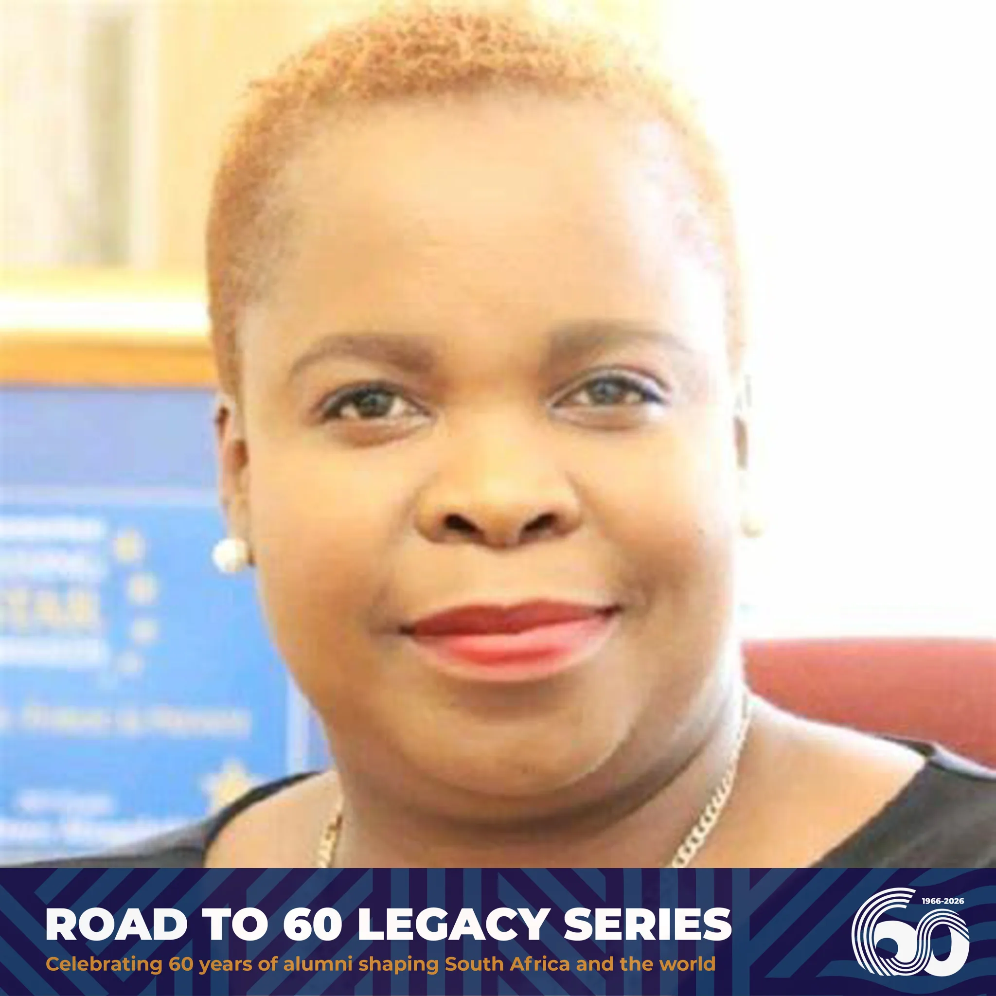 Close-up of a smiling person with a blue promotional banner at the bottom reading 'ROAD TO 60 LEGACY SERIES' about a 60th anniversary celebration.