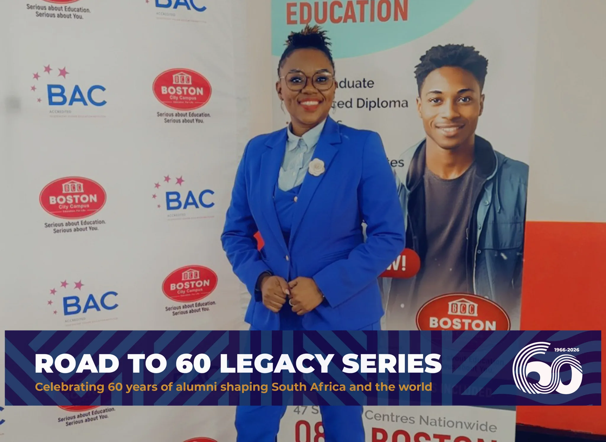 Private Accomodation Meeting – Vaal University of Technology – Vaal University of Technology Smiling woman in a blue suit stands beside a man in a jacket in front of a BAC backdrop with logos; banner reads 'Road to 60 Legacy Series'