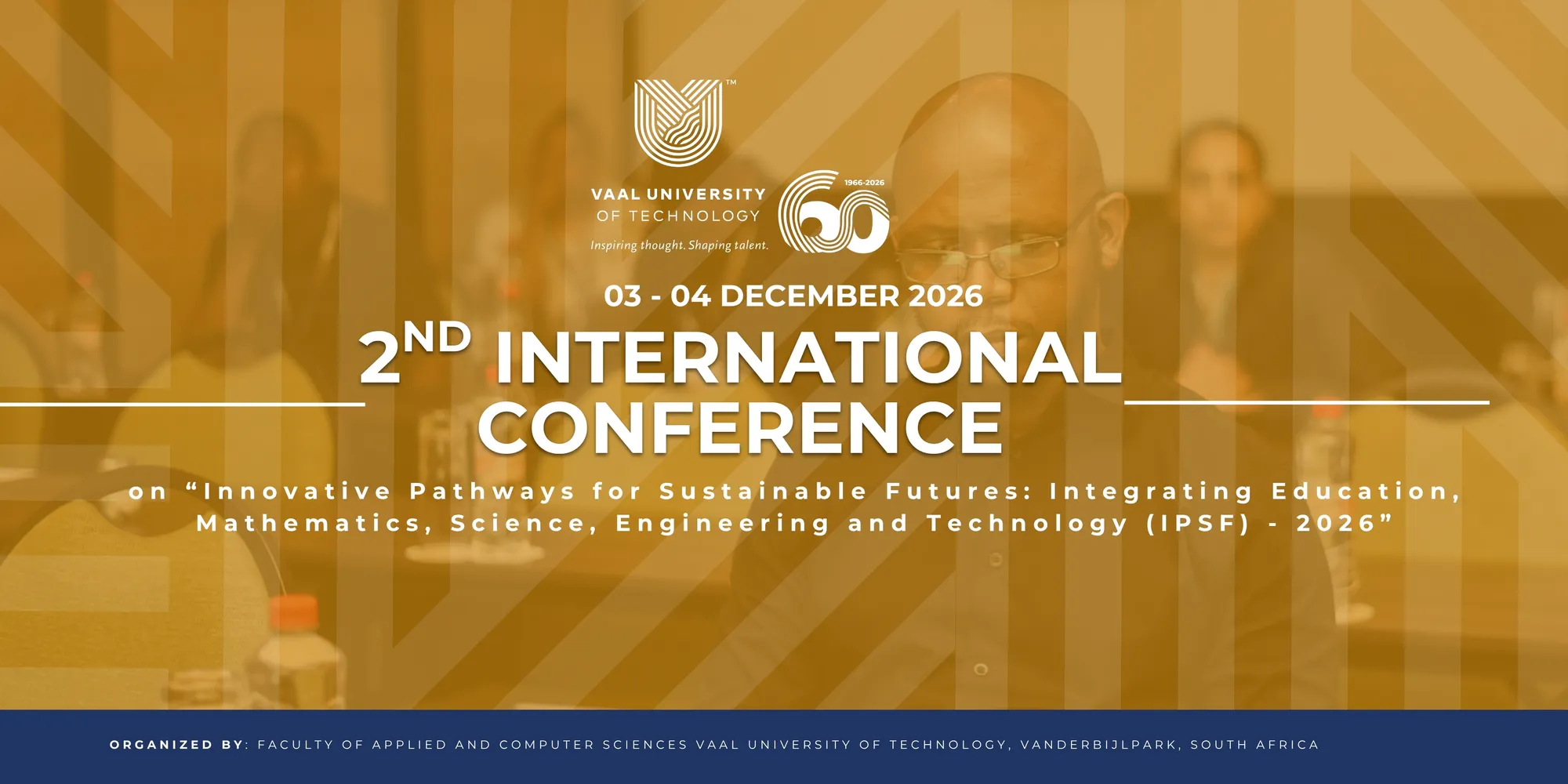 Event banner announcing the 2nd International Conference on Innovative Pathways for Sustainable Futures, Dec 3–4, 2026, Vaal University of Technology (VUT).