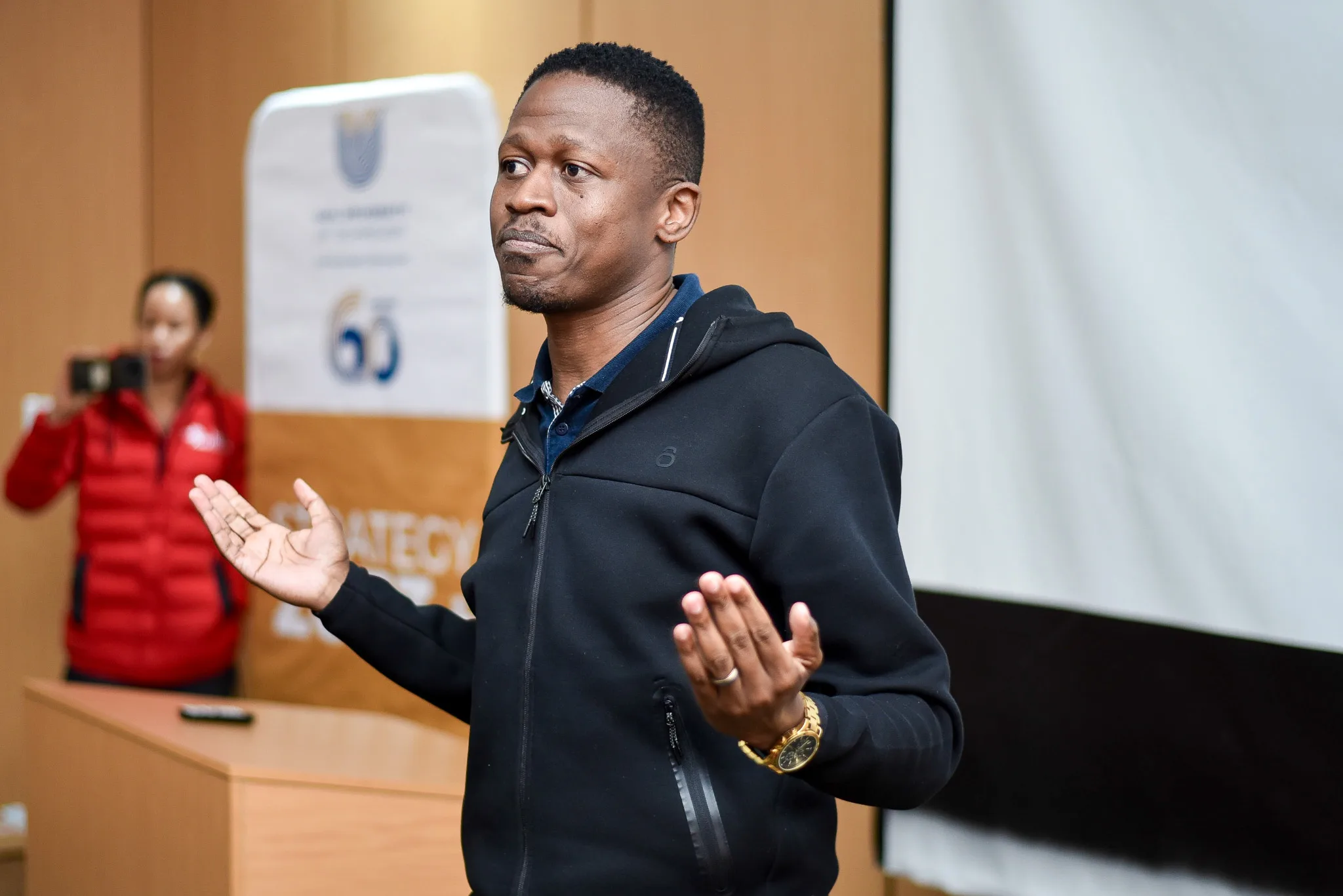 NRF Research Manager Specialist Mr Katleho Ralehoko, a proud VUT alumnus and former NRF funding beneficiary, facilitating the presentation. – Vaal University of Technology – Vaal University of Technology NRF Research Manager Specialist Mr Katleho Ralehoko, a proud VUT alumnus and former NRF funding beneficiary, facilitating the presentation.