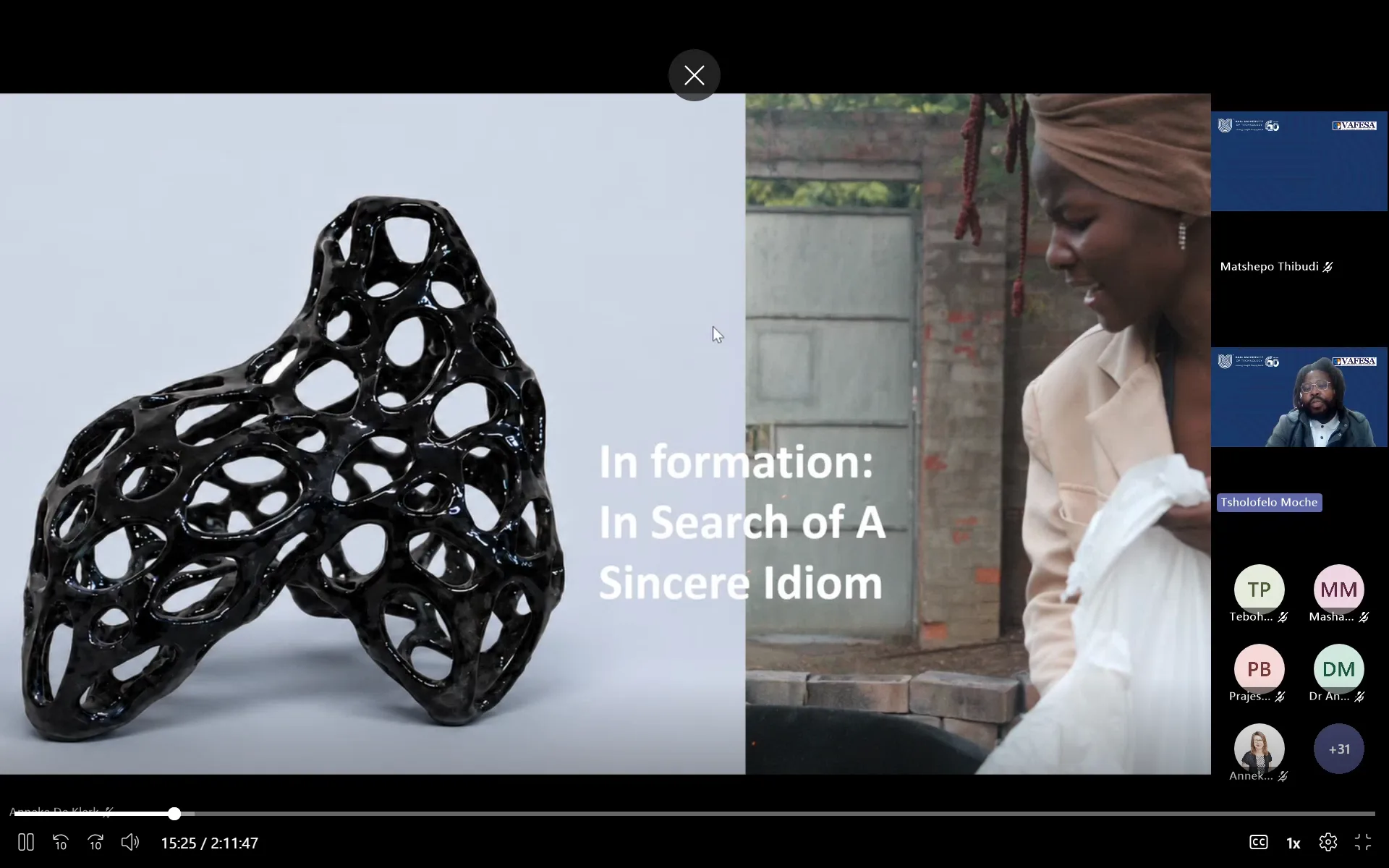 Dual-panel slide: left shows a glossy black abstract lattice sculpture on a pale blue background; right shows a woman in a beige coat outdoors with text: 'In formation: In Search of A Sincere Idiom'