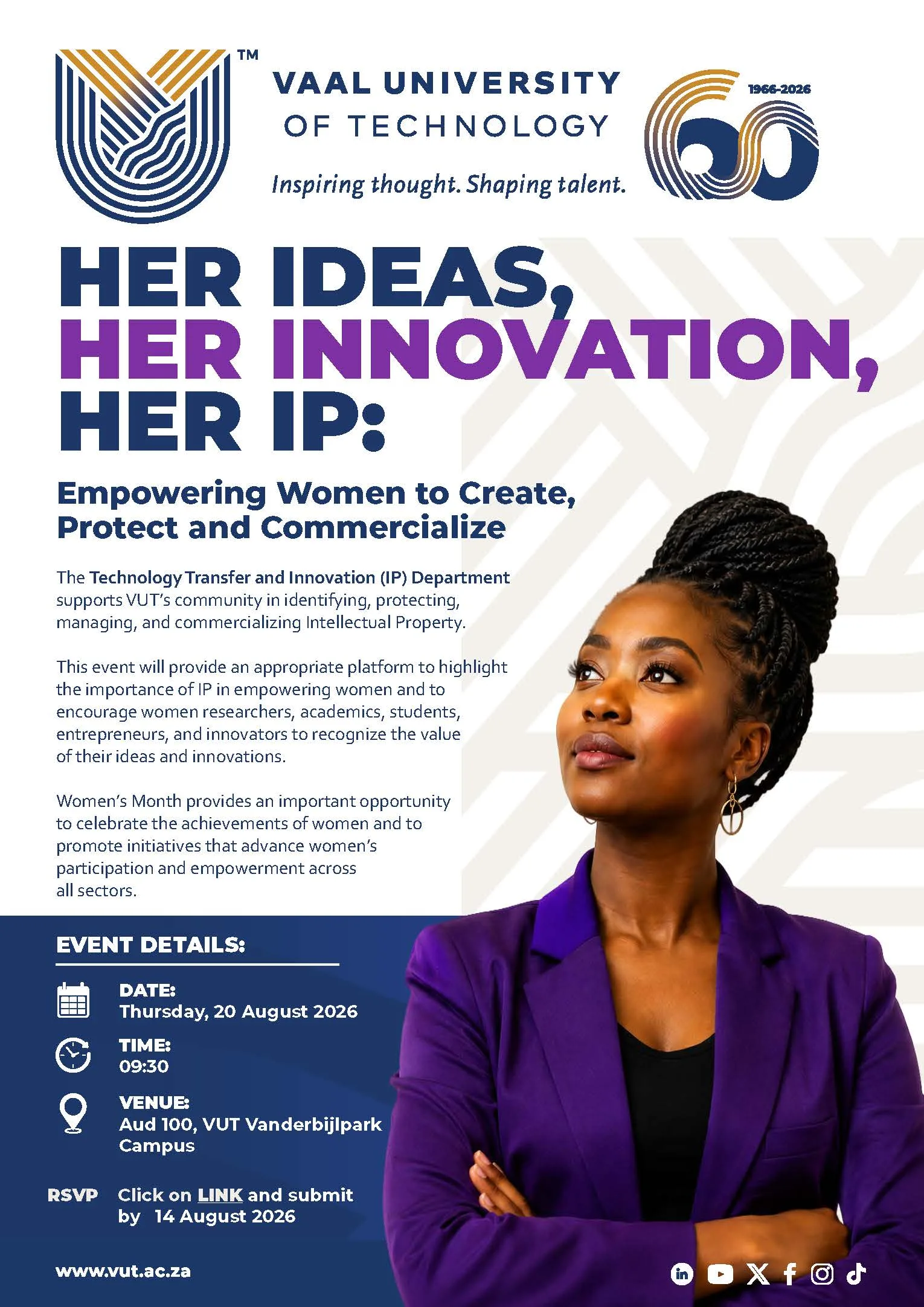 f0bd6932-53a4-f421-243f-71c9d5b56e43 – Vaal University of Technology Poster for Vaal University of Technology event: 'Her Ideas, Her Innovation, Her IP' with a woman looking upward and event details in blue/purple text.