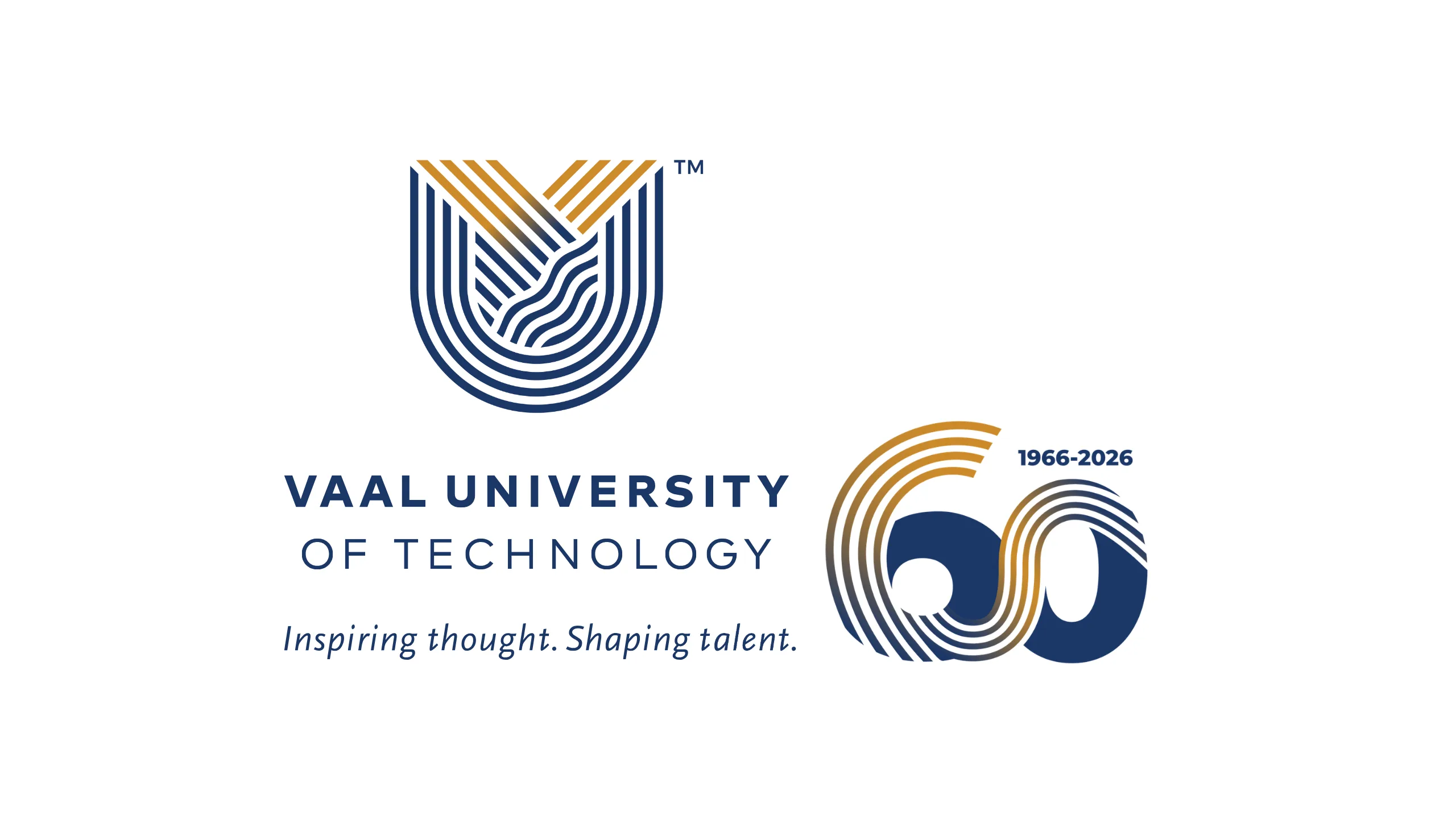 Vaal University of Technology logo with blue circular striped emblem and gold accents, including the years 1966–2026 and the tagline “Inspiring thought. Shaping talent.”