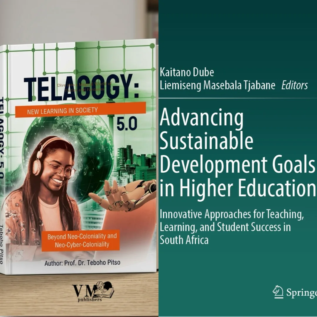 VUT launches two books on the Future of Higher Education Teaching and Learning Conference 2026 – Vaal University of Technology – Vaal University of Technology Split-image showing two book covers: left is 'Telagogy 5.0' with a smiling woman wearing headphones and a globe, orange subtitle strip; right is 'Advancing Sustainable Development Goals in Higher Education' with teal cover and Springer logo.