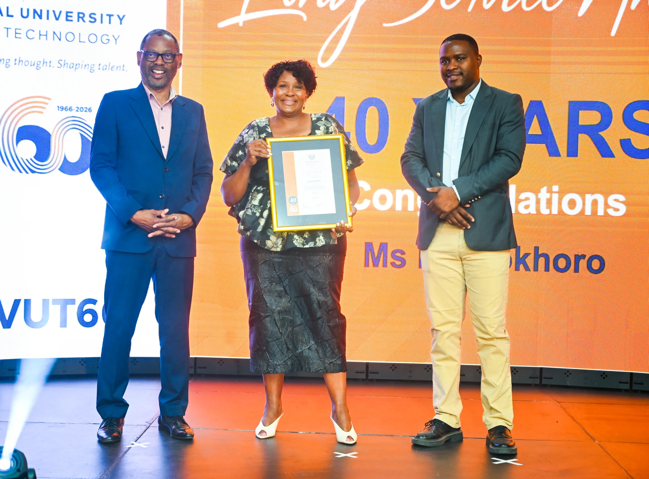Ms Mokhoro – Vaal University of Technology – Vaal University of Technology Celebrating the people who make VUT what it is! Ms Mokhoro receives her long-service award in recognition of her contribution to the University.